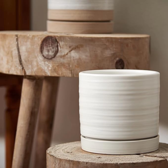 6 Inch Plant Pots, Ceramic Planter Pot with Drainage Hole & Saucer, Indoor/Outdoor Cylinder Round Planter Pot, Matte White-CasaMuseHome