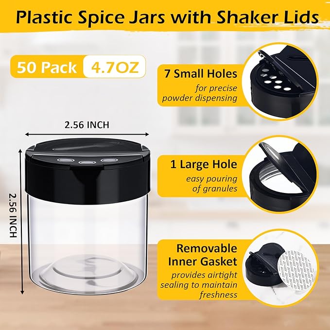 50 Pack 4.7 oz Plastic Spice Jars with Black Cap Empty Clear Plastic Spice Bottle Containers Reusable Seasoning Jars with Shaker Lids for Kitchen Storing and Dispensing Salt Powders-CasaMuseHome