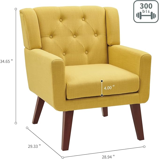 Accent Chairs Set of 2, Button-Tufted Upholstered Living Room Chairs Set of 2, Comfy Reading Chair Mid Century Modern Chairs with Linen Fabric Lounge Arm Chairs for Bedroom (Bright Yellow)-CasaMuseHome