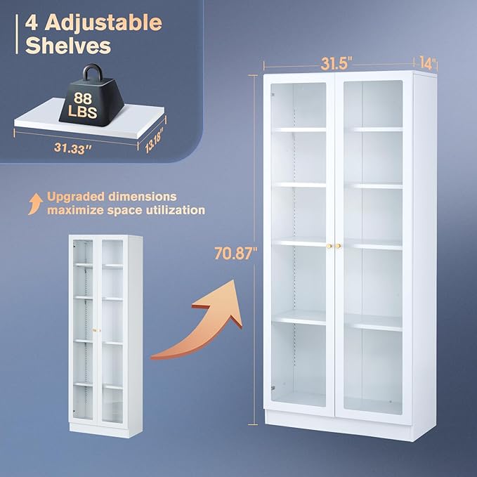32" Wide Metal Storage Cabinet with Acrylic Doors and 4 Adjustable Shelves, 71" Tall Bookshelf, 5-Tier Freestanding Kitchen Pantry Cabinet with Anti-Tipping for Small Spaces/Kitchen/Living Room-CasaMuseHome