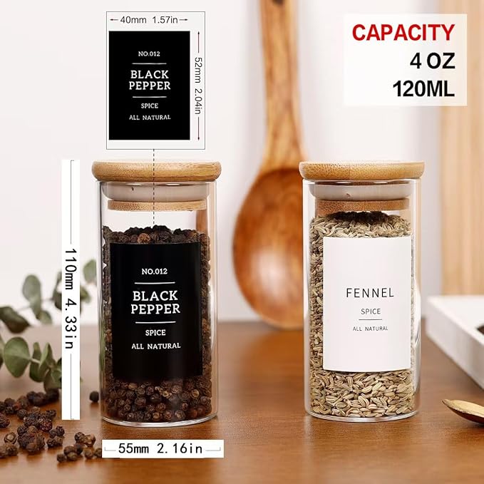 24 Pcs Glass Jars With 296 Spice Labels Preprinted of White and Black Color- 4oz Thicken(2.4mm) Empty Small Herb Seasoning Containers With Bamboo Airtight Lids-CasaMuseHome