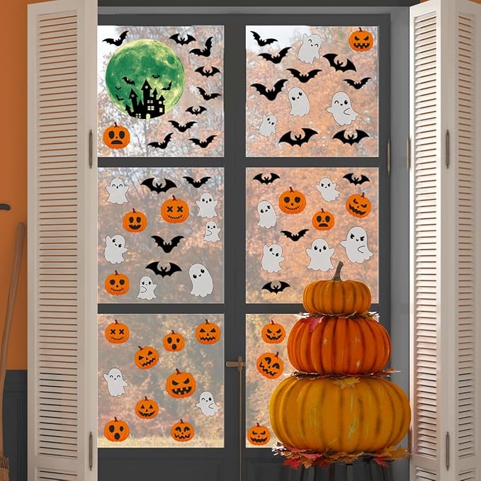 6 Sheets Halloween Window Clings Halloween Window Stickers Double-Sided Removable Castle Pumpkin Ghost Bat Window Decals Decor for Scary Halloween Theme Party Decorations-CasaMuseHome