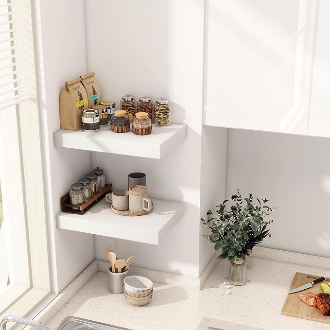 12 Inch Deep White Floating Shelves, 16 x 12 Floating Shelf for Books, Rustic Wood Deep Wall Shelves for Home Storage & Display, 2" Thicked Shelves for Kitchen, Living Room, Bedroom, 2 Pack-CasaMuseHome