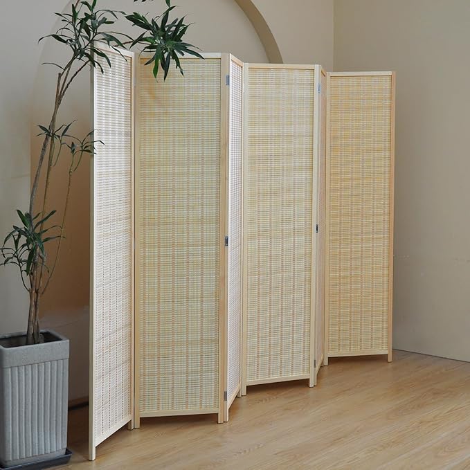 6 Panel Folding Room Divider Screen, Bamboo, for Separation, Beige, 67" H x 92.1" W-CasaMuseHome