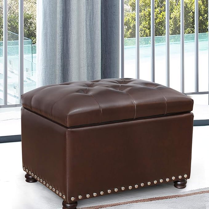 24'' Leather Storage Ottoman Rectangular Foot Rest Stool with Nailhead Trim for Bedroom Living Room(Dark Brown)-CasaMuseHome