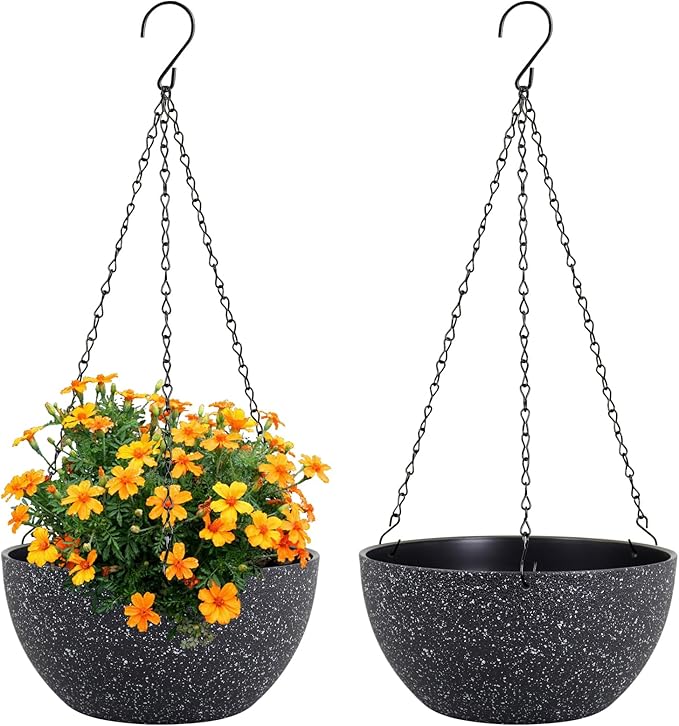 8 inch Small Hanging Planters for Indoor Outdoor Plants, 2 Pack Hanging Flower Plant Pots with Drainage Holes and Chain for Porch, Plastic Hanging Baskets for House Plants, Speckled Black-CasaMuseHome