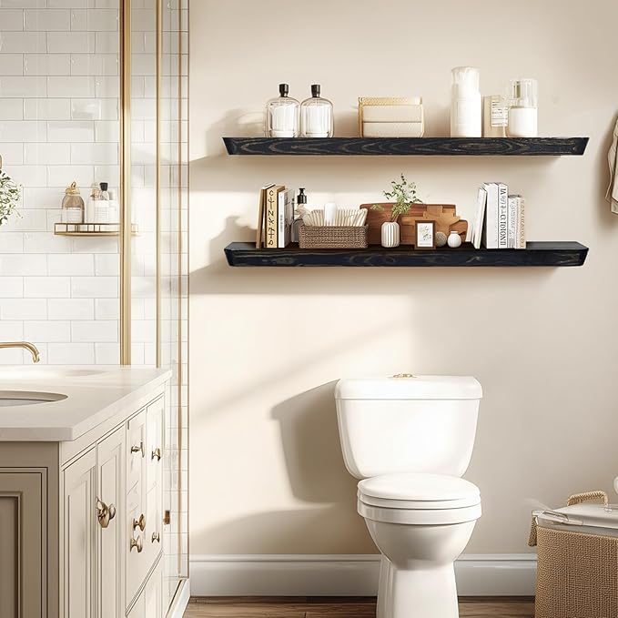 36"x6.8"x1.6" Slanted Floating Wall Shelves 2-Pack - Rustic Black Finish, Heavy-Duty Solid Wood Design with Hidden Brackets - Perfect for Living Room, Kitchen, Bathroom, or Office-CasaMuseHome