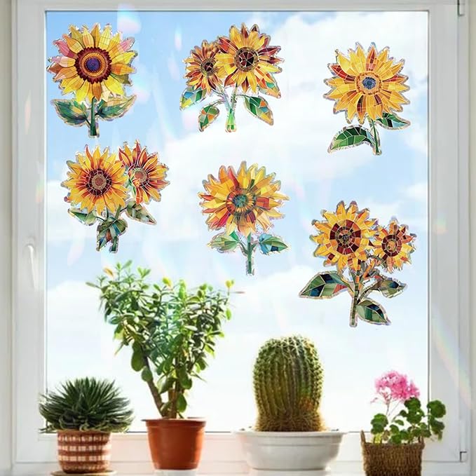 12pcs Window Decals for Bird Strikes, Anti Collision Window Clings, Rainbow Reflection Window Sticker, Sunflower Style Sun Catcher Stickers for Glass Windows-CasaMuseHome