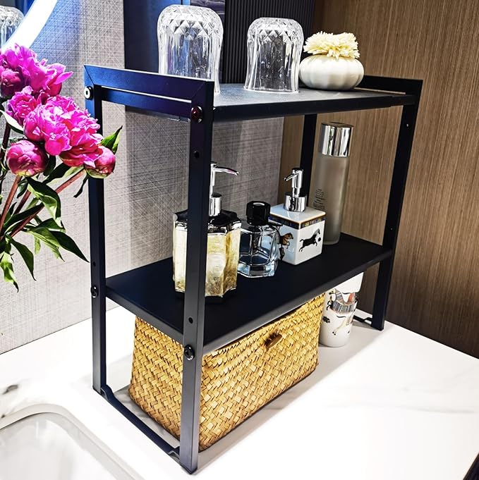 2 Tier Expandable Cabinet Shelf Organizer 14.5-25" L Kitchen Counter Shelf Rack Stand Sink Riser Countertop Storage Black (Normal 7.9”D)-CasaMuseHome