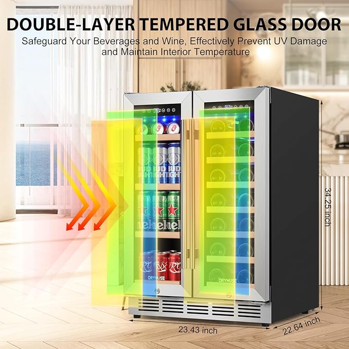24 Inch Dual Zone Wine and Beverage Refrigerator, Built-in or Freestanding Cooler with French Doors, Drink Fridge with Upgraded Compressor for Beer, Wine, and Soda-CasaMuseHome
