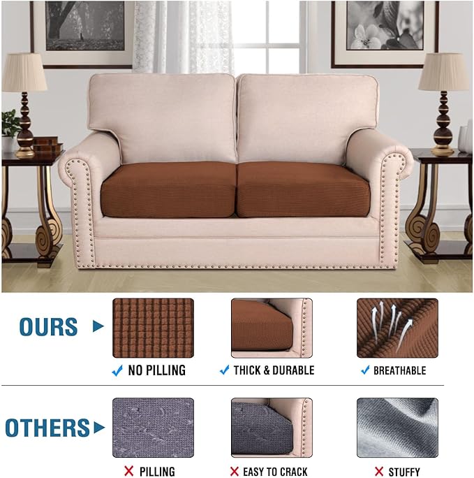 H.VERSAILTEX Super Stretch Individual Seat Cushion Covers Sofa Covers Couch Cushion Covers Slipcover Sets Thick Jacquard Textured Twill Fabric (2 Piece Medium Sofa Cushion Covers, Caramel)-CasaMuseHome
