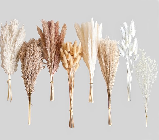 128 PCS Dried Pampas Grass Bouquet, Boho Table Decor, Bunny Tails Dried Flowers, Brown Pampas, White Pampas Grass for Weddings, Home Decor, Rustic Parties, and Baby Shower Decorations-CasaMuseHome