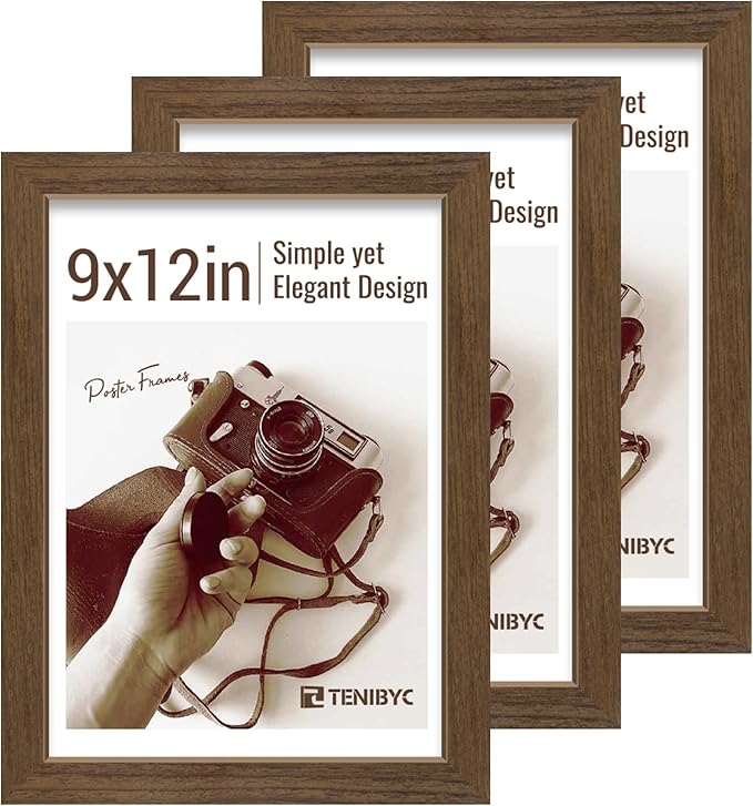 9x12 Frame 3 Pack - Brown Woodgrain, 9 x 12 Picture Frame for Photos, HD Tempered Glass, Tabletop or Wall Display-CasaMuseHome