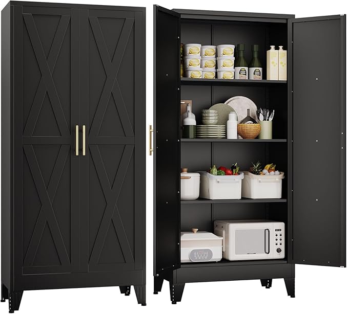 61" H Metal Kitchen Pantry Storage Cabinet, Freestanding Cupboard with 2 Doors and 3 Adjustable Shelves, Standing Storage for Kitchen, Bathroom, Garage, Dinning Room or Utility Room（Black）-CasaMuseHome