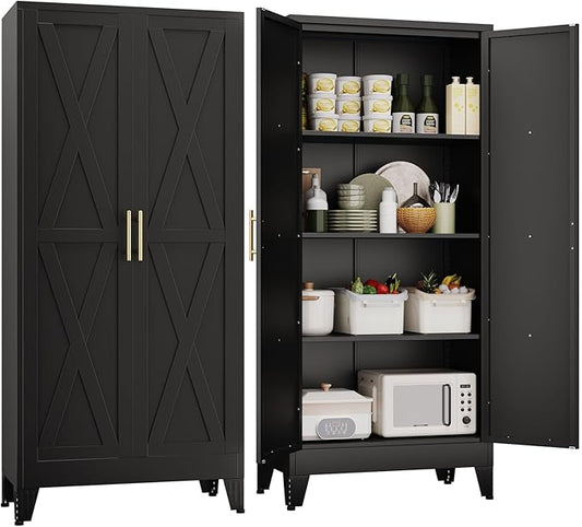 61" H Metal Kitchen Pantry Storage Cabinet, Freestanding Cupboard with 2 Doors and 3 Adjustable Shelves, Standing Storage for Kitchen, Bathroom, Garage, Dinning Room or Utility Room（Black）-CasaMuseHome