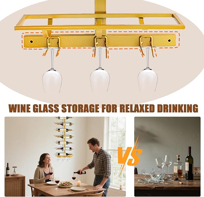 16 Bottle Wall Mount Wine Rack with Wine Glass Holder, Metal Wine Wall Rack, Wall Racks for Wine Bottles Display and Storage, Hanging Bottle Organizer for Living Dining Room Wine Cellar Bar (Gold)-CasaMuseHome