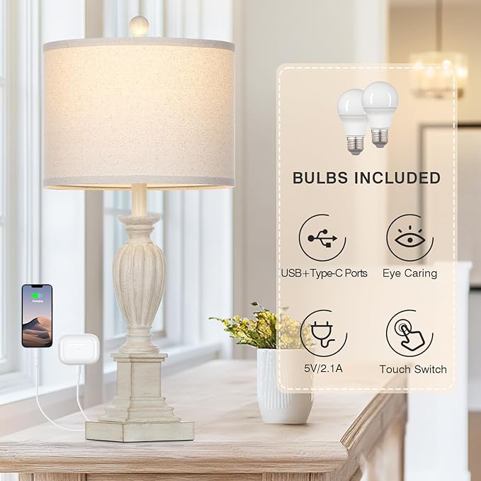 27" Farmhouse 3 Way Dimmable Touch Table Lamp Set of 2 Rustic Classic Bedside Nightstand Wood Lamps for Living Room Bedroom with USB C+A Ports Washed White (2 Bulbs Included)-CasaMuseHome