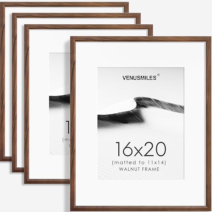 16x20 Picture Frame Set of 4 Natural Solid Walnut Photo Frames with 11x14 Removable Mat Wall Hanging Large Handcrafted Frame with HD Plexiglass Wall and Tabletop Display Large Poster Frame-CasaMuseHome