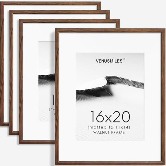 16x20 Picture Frame Set of 4 Natural Solid Walnut Photo Frames with 11x14 Removable Mat Wall Hanging Large Handcrafted Frame with HD Plexiglass Wall and Tabletop Display Large Poster Frame-CasaMuseHome