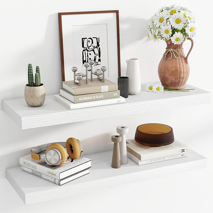 36 Inch Floating Shelves, 12 Inch Deep Floating Shelves for Wall, Floating Shelf with Invisible Brackets, Large Deep Wall Shelves for Bathroom, Bedroom, Living Room, 2 Pack, White-CasaMuseHome