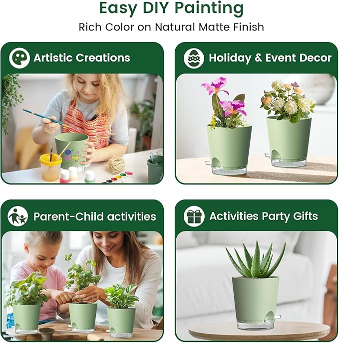 4 inch Self Watering Pots for Indoor Plants, 5 Pack Small Flower Plant Pots with Drainage Holes and Clear Reservoirs, Visible Water Level, Plastic Planters with Wicking Rope, Green-CasaMuseHome