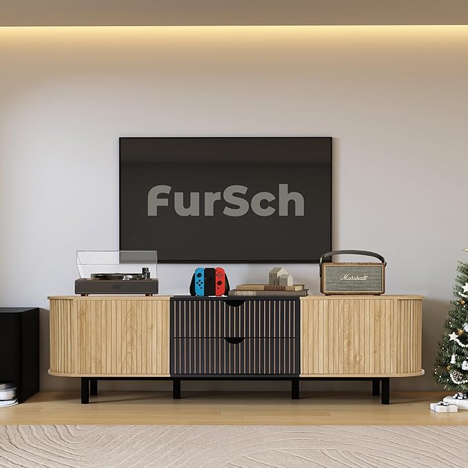 71" Tambour Door TV Stand,Wood Mid Century Modern TV Cabinet for Up to 85“ TV,Curved Edge Long TV Stand with Storage for Bedroom Living Room(Natural, 71inch)-CasaMuseHome