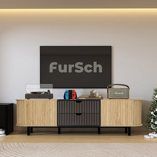 71" Tambour Door TV Stand,Wood Mid Century Modern TV Cabinet for Up to 85“ TV,Curved Edge Long TV Stand with Storage for Bedroom Living Room(Natural, 71inch)-CasaMuseHome