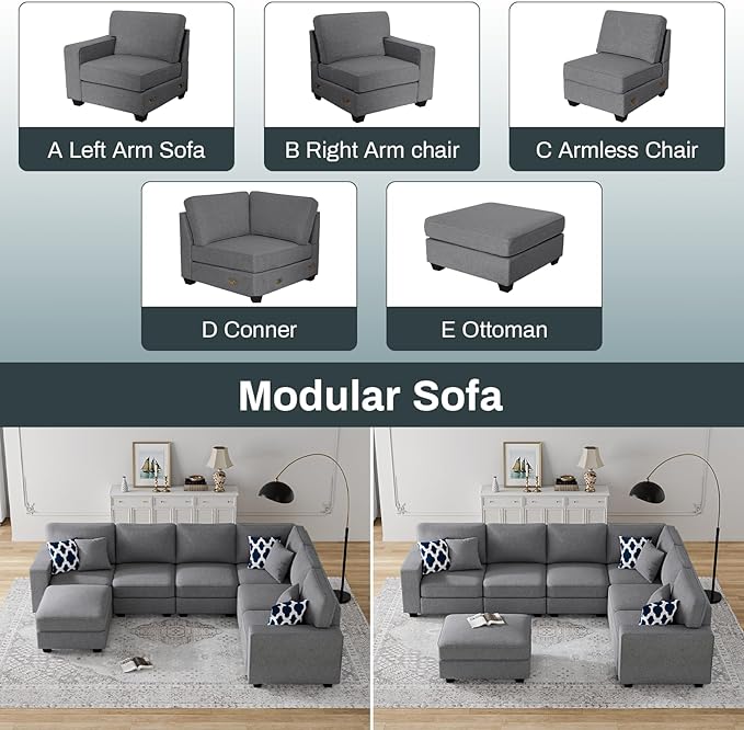 L Lengend Vansen Modular Sectional Sofa U Shaped Couch with Ottoman Modern Reversible Corner Sectional Couch for Living Room (Dark Grey, U Shaped Sofa-2)-CasaMuseHome