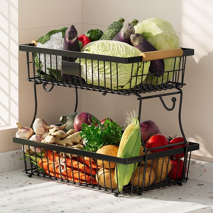 2 Tier Fruit Basket for Kitchen Counter with 2 Banana Hangers, Countertop Metal Fruit Bowl with Wooden Handle, Large Storage Stand for Vegetables, Snacks, Breads, Produce Storage – Black-CasaMuseHome
