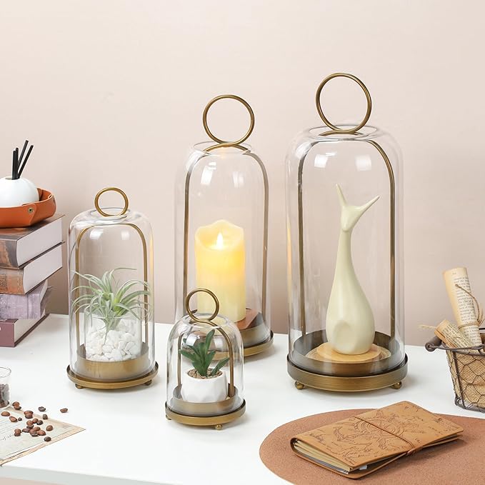 7.5" High Versatile Modern Metal Hurricane Lantern with Handmade Sturdy Glass Dome for 2" Pillar Candle & Plants (Brass, 4" x7.5)-CasaMuseHome