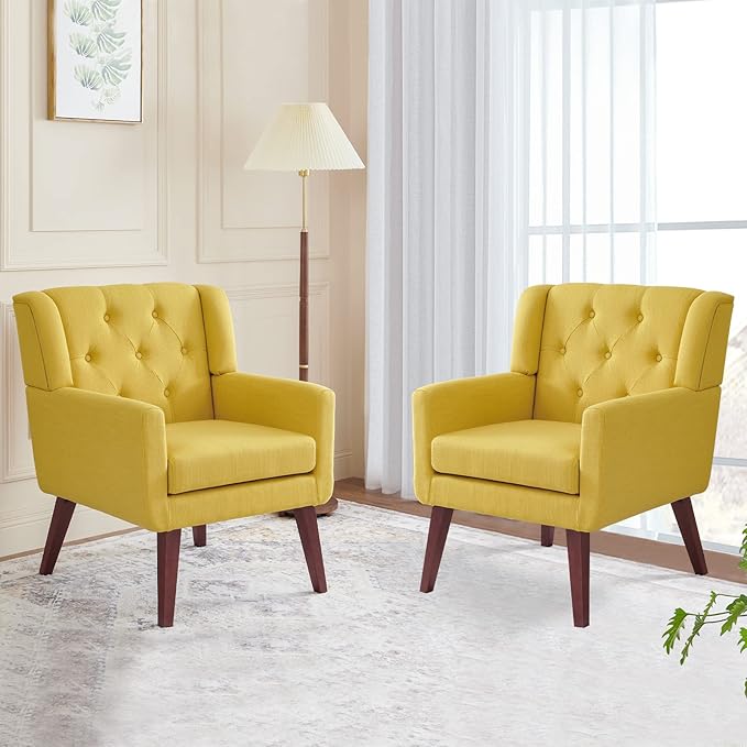 Accent Chair Button-Tufted Upholstered Living Room Chairs Comfy Reading Chair Mid Century Modern Chair with Linen Fabric Lounge Arm Chairs for Living Room Bedroom (Yellow Set of 2)-CasaMuseHome