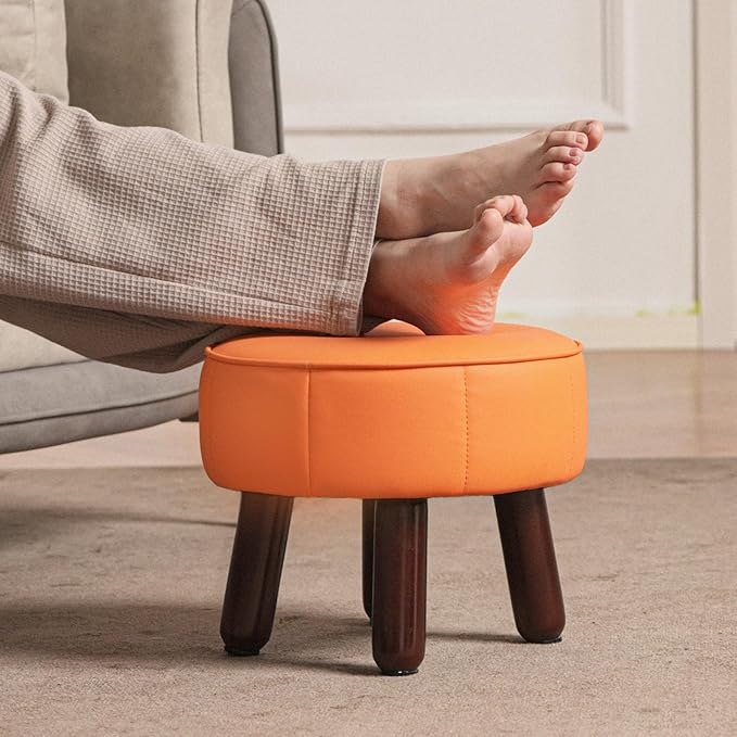 13in Small Foot Stool Ottoman, Round Faux Leather Foot Rest for Couch, Under Desk Pouf Footstool Footrest with Non-Skid Rubber Legs for Ling Room, Bedroom, 13''L x 13''W x 10.2''H, Orange-CasaMuseHome