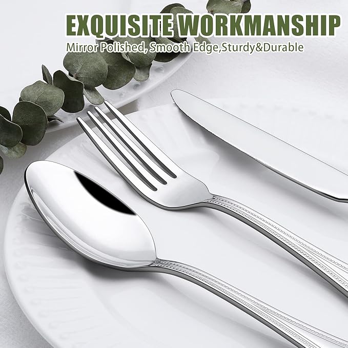 60-Piece Silverware Set for 12, Stainless Steel Flatware, Mirror Polished Cutlery Set, Utensils Include Spoons, Forks, Knives for Home, Restaurant, Beaded Handle, Dishwasher Safe-CasaMuseHome