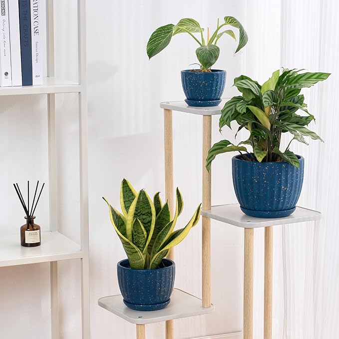 4/5/6 Inches Ceramic Plant Pots with Drainage Holes and Saucers, Round Flower Pots for Indoor Plant, Modern Flower Planters Set of 3 (Blue with Dot-Big Size)-CasaMuseHome