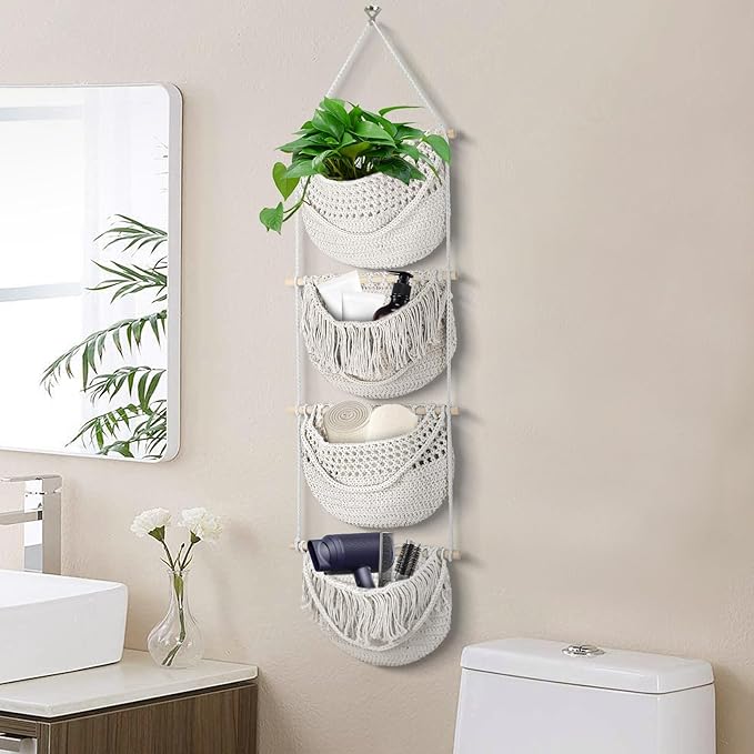 4 Tier Hanging Fruit Basket for Kitchen, 4 Pack Detachable Cotton Crocheted Wall Hanging Baskets Shelf Over Door Organizer for Fruit Veggie Plant, Hanging Storage Basket for Bathroom Bedroom(Beige)-CasaMuseHome