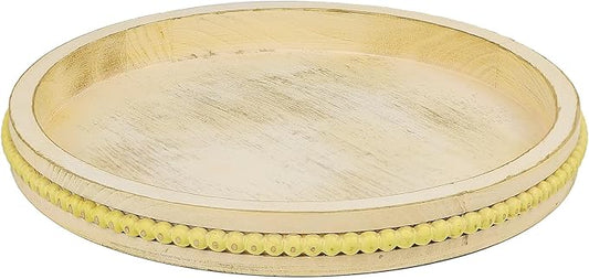 Round Wood Serving Tray with Beads, Yellow Washed Wooden Decorative Tray for Entertaining, Decoration, and Gifting-CasaMuseHome
