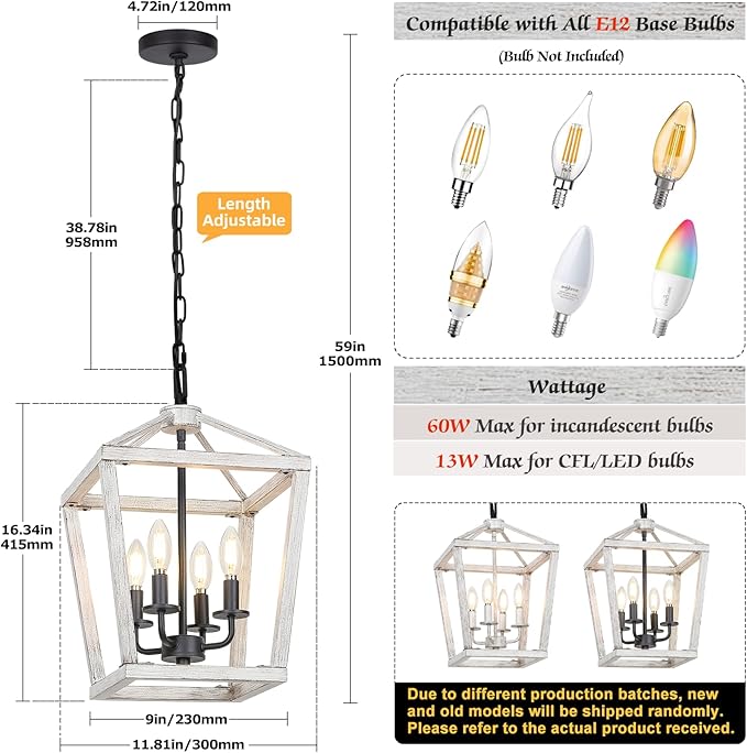 4 Light Rustic Chandelier, Farmhouse Lantern Fixture with Brushed White Oak Cage and Adjustable Chain, E12 Base Geometric Hanging Light Fixture Ceiling lighting for Entryway Kitchen Island, Indoor Use-CasaMuseHome