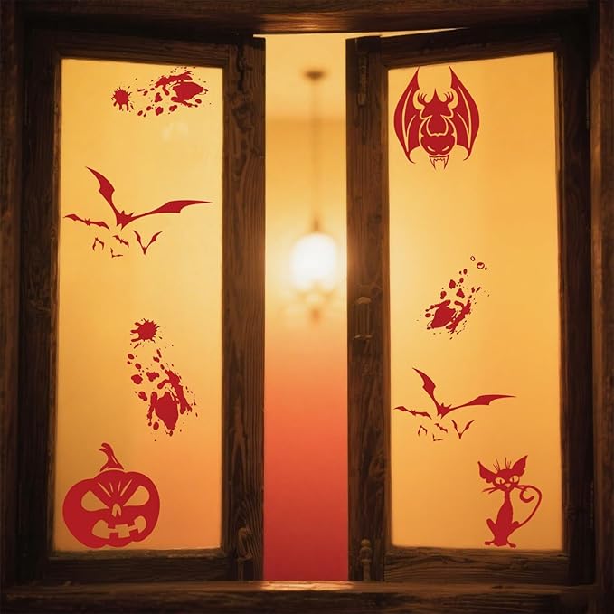 8 Sheets Halloween Window Clings, Bloody Handprint Footprint Window Stickers Scary Halloween Decorations Self Adhesive Wall Decal for Party Bathroom Car Door Zombi Restroom Sign Decals-85 Pcs-CasaMuseHome