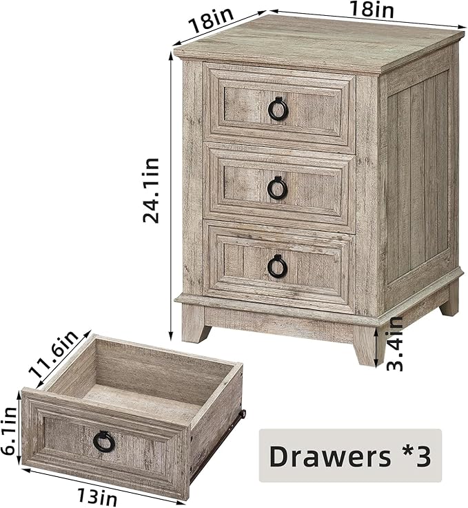 18" Farmhouse Night Stands Set of 2 with Charging Station, 2 & 3 Drawers End Table Dresser for Bedroom, Oak Wooden Nightstand, Bed Side Table with Open Shelf, Bedside Cabinet for Living Room-CasaMuseHome