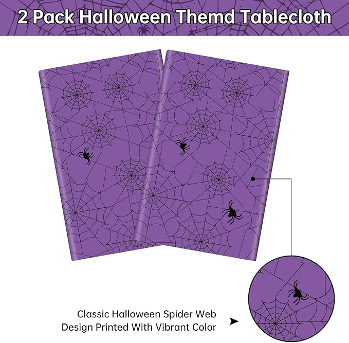 2 Pcs Halloween Tablecloth - Plastic Halloweens Spider Webs Table Cloth, Purple Disposable Rectangle Spiderweb Table Cover for Halloween Party Decorations Supplies Favors Tables Decor, 108 x 54 Inch-CasaMuseHome