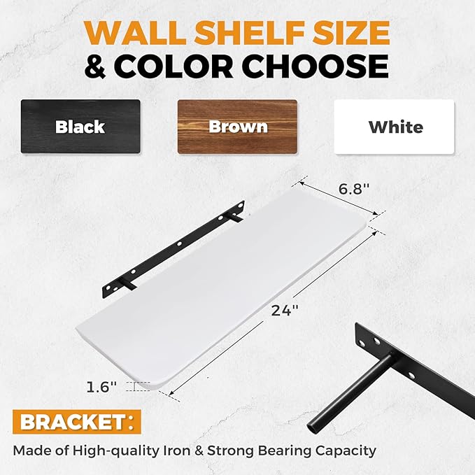 24"x6.8"x1.6" Slanted Floating Wall Shelves 2-Pack - Rustic White Finish, Heavy-Duty Solid Wood Design with Hidden Brackets - Perfect for Living Room, Kitchen, Bathroom, or Office-CasaMuseHome