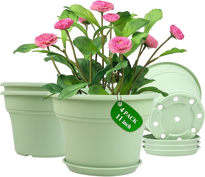 11 Inch Plastic-Flower-Pot-for-Indoor-Plants, 4 Pack Large Outdoor Planter Pot with Drainage Holes & Saucers, Resin Decorative Garden Pots Planters-CasaMuseHome
