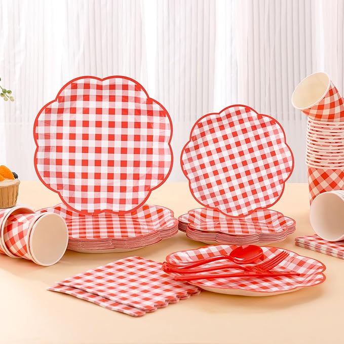 175 Pcs Red Gingham Plates and Napkins Party Supplies - Red and White Checkered Plates Sets Serve 25 Guests - Scalloped Gingham Paper Plate for Birthday Picnic BBQ Christmas Party Decorations-CasaMuseHome