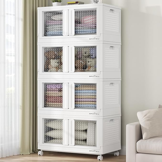 400Qt Stackable Storage Bins with Lids, 100Gal Closet Organizers and Storage Drawer, Plastic Collapsible Storage Bins with Doors, Heavy Duty Store Box Cabinet for Home Kitchen, 4Pack White-CasaMuseHome