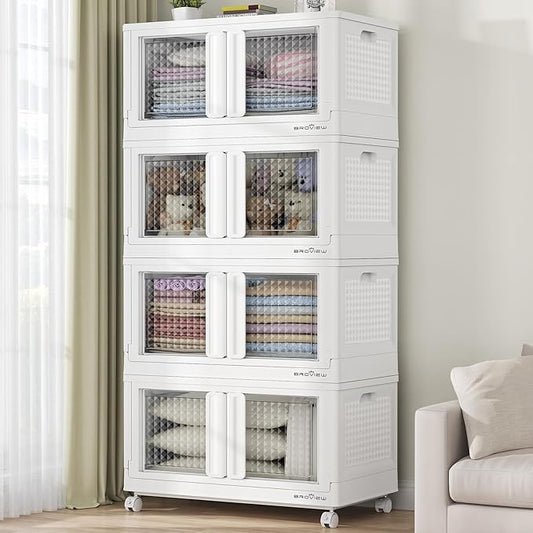 400Qt Stackable Storage Bins with Lids, 100Gal Closet Organizers and Storage Drawer, Plastic Collapsible Storage Bins with Doors, Heavy Duty Store Box Cabinet for Home Kitchen, 4Pack White-CasaMuseHome