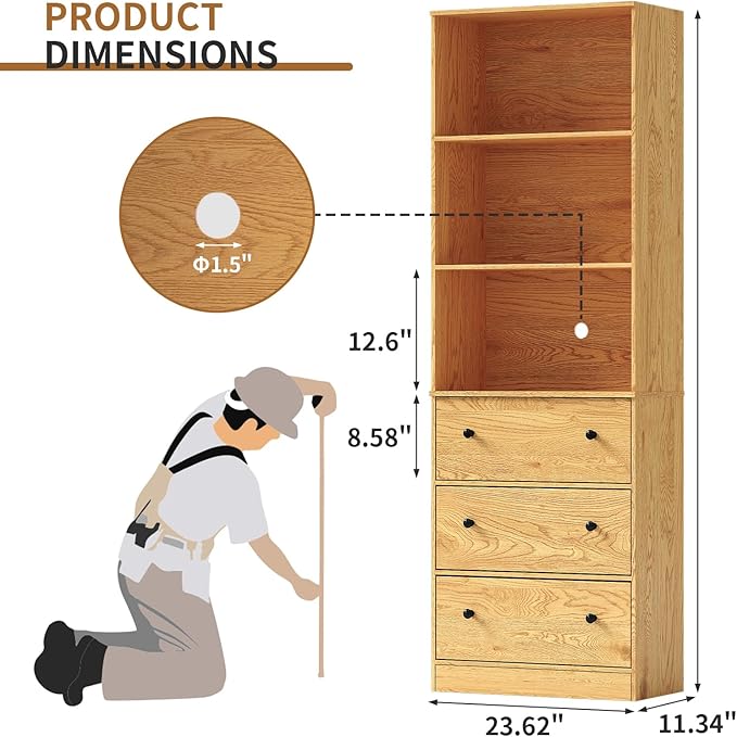 71" Tall Bookshelves Set of 2, Bookcases with Drawers, Bookshelves with Storage, Wooden Bookshelf with 3 Drawers & 3-Tier Open Shelves,Home Decor Furniture for Living Room,Bedroom,Home,Natural-CasaMuseHome