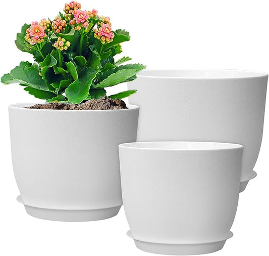 9/8/7.5 inch Flower Pots, Set of 3 Modern Decorative Plastic Planters with Drainage Holes and Saucers, Plant Pots for Indoor Outdoor Plants, White-CasaMuseHome
