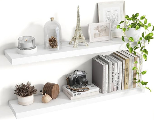 36 Inch Floating Shelves, 8 Inch Deep Floating Shelves for Wall, Hanging Shelf with Invisible Brackets, Deep Shelves for Bathroom, Bedroom, Living Room, White, Set of 2-CasaMuseHome