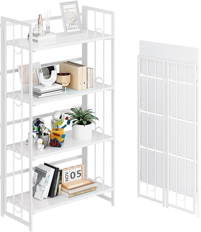 4NM No Assembly 4 Tiers Folding Bookshelf, 47.2" H Foldable Storage Shelves Vintage Bookcase Standing Racks Study Organizer Home Office - All White-CasaMuseHome