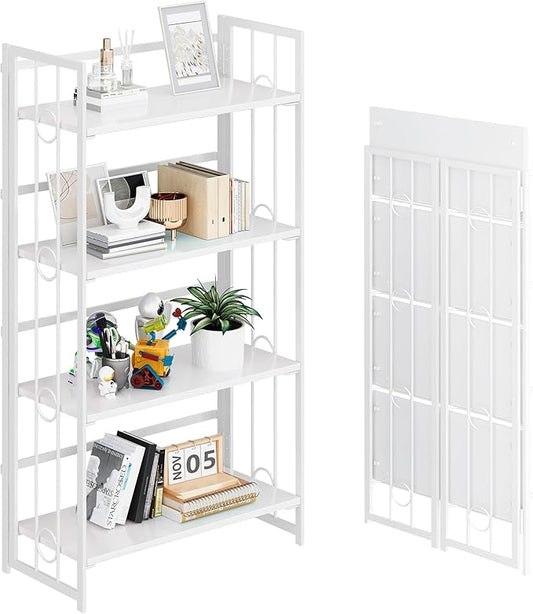 4NM No Assembly 4 Tiers Folding Bookshelf, 47.2" H Foldable Storage Shelves Vintage Bookcase Standing Racks Study Organizer Home Office - All White-CasaMuseHome